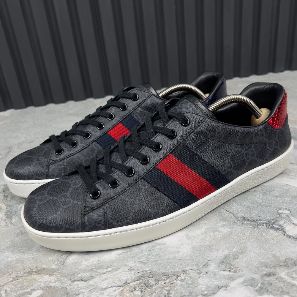 Gucci Ace Web GG Supreme Canvas Monogram Sneakers Gray Leather 9 G 9.5 US 43 EUR